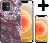 Hoesje Geschikt voor iPhone 12 Hoesje Marmer Case Hard Cover Met Screenprotector - Hoes Geschikt voor iPhone 12 Case Marmer Hoesje Backcover - Rood