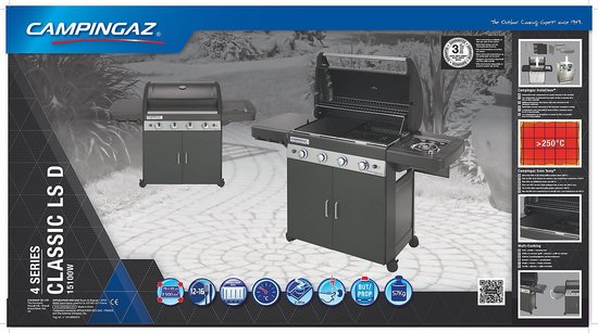 Campingaz 4 Series Classic LS Gasbarbecue - outdoor grill - 4 afzonderlijk te regelen branders - gasbarbecue met zijbrander - modulaire BBQ accessoires - veilige Piezo ontsteking - gas barbecue met vaatwasserbestendige onderdelen - Zwart - Campingaz