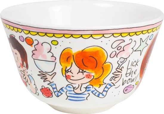 Bol blanc à bordure rose, avec des dessins d'une fille avec de la glace et le texte 'Lick the bowl'.