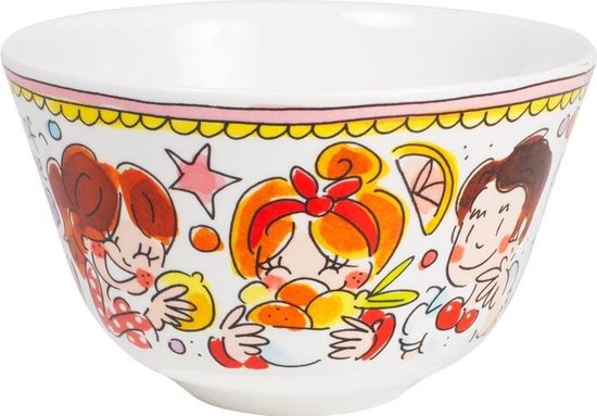 Bol blanc à bordure rose, décoré de dessins de filles et de fruits.