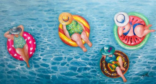 140 x 70 cm - Canvasschilderij - Dikke dames in het zwembad. - print op canvas