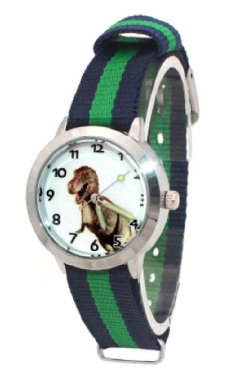 Dinosaurus horloge - Dino Watch blauw-groen - Kinderen - Nylon band - analoog - 30 mm - I-deLuxe verpakking