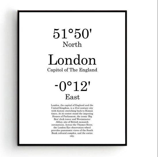 Steden Poster Londen met Graden Positie en Tekst - Muurdecoratie - Minimalistisch - 80x60cm - PosterCity