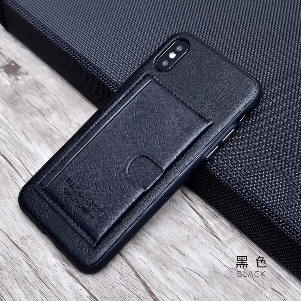 Puloka Card Bag Series + Standaard Genuine Leather iPhone XS Max ZWART