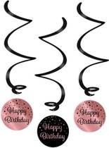 Hangdecoratie Happy Birthday Zwart Roze 17cm 3st