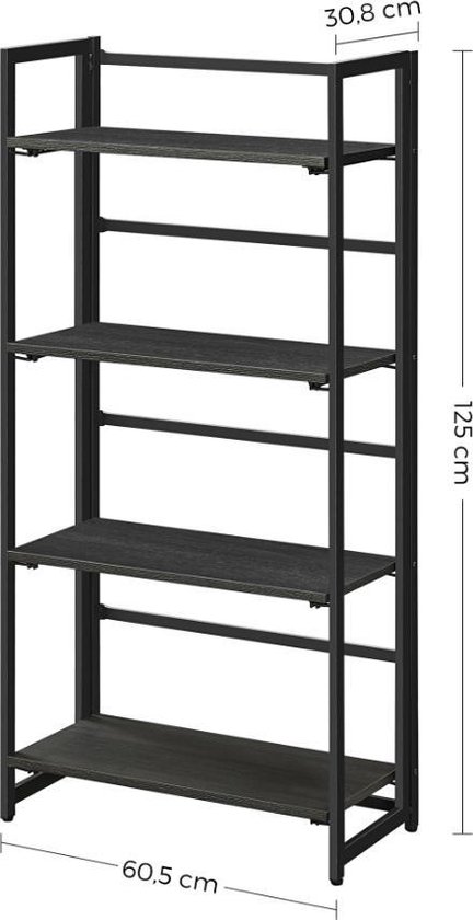 MIRA Home - Boekenrek met 4 planken - Boekenkast - Inklapbaar - Industrieel - Vakkenkast - Metaal - Hout - Zwart - 125x60x30