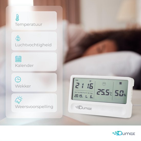 Qumax Digitale Hygrometer Binnen - Thermometer voor binnen - Luchtvochtigheidsmeter met halfjaar Accu - Wit - Qumax