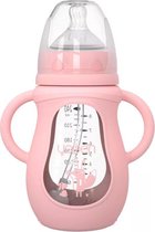 Roze Babyfles, pink  baby bottle, Baby voeding, Baby glas fles, baby, baby flessen, Anti-colic glas flesje, baby bottle 240ml anti valt, zuigfles.