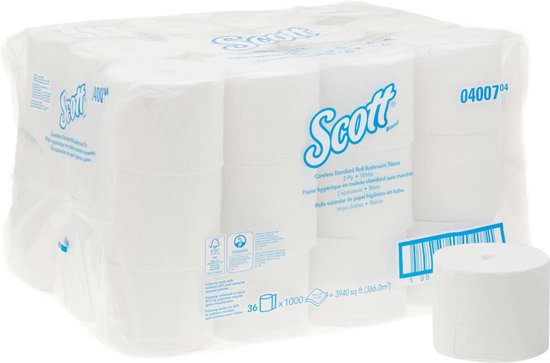 Verpakking van 36 Scott Coreless standaard rollen toiletpapier, 2-laags, wit. Elke rol heeft 1000 vel.