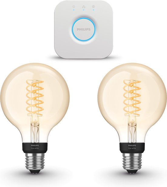 Philips Hue Starterspakket White E27 - Filament Globe Klein (G93) - 2 Hue LED Lampen en Bridge - Eenvoudige Installatie - Werkt met Alexa en Google Home