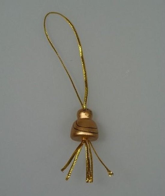 Gouden gelukspoppetje met zwarte strepen en goudkleurige lus en franjes.