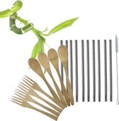 Duurzame Picknickset | 4 Bamboe Lepels | 4 Bamboe Vorken | 10 Metalen Rietjes met Afwasborstel