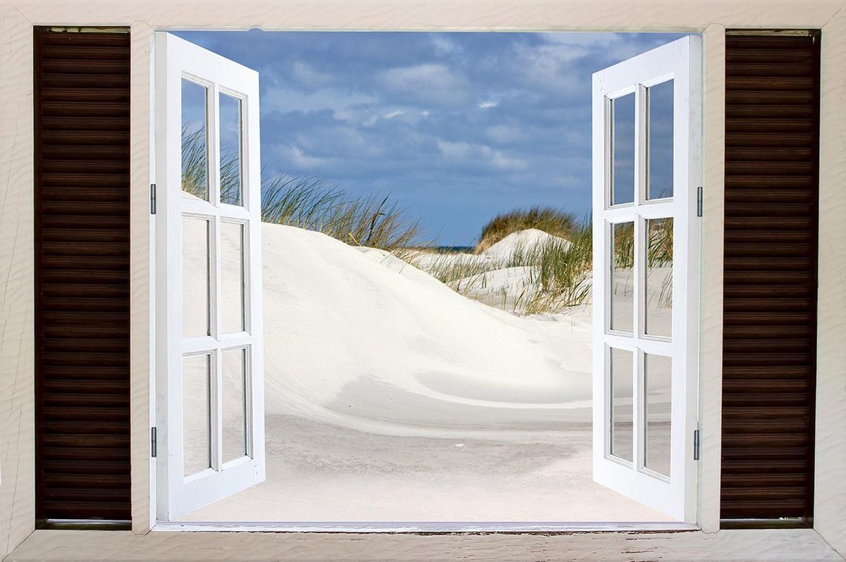 Tuindoek doorkijk openslaand venster naar een Tropisch / Eiland / Strand - 150x100cm - tuinposter - tuinposter doorkijkje – Doorkijk tuinposter - tuinposter doorkijk XL – Tuinposter Voor Buiten