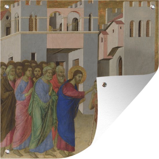 Tuindoek Jesus opens the eyes of a man born blind - Schilderij van Duccio - 100x100 cm