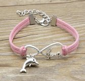 Armbandje roze met dolfijn en infinity Love hangertje