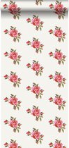 ESTAhome behang geborduurde roosjes koraalrood - 138145 - 53 cm x 10,05 m