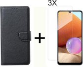 BixB Samsung A32 4G hoesje - Met 3x screenprotector / tempered glass - Book Case Wallet - Zwart