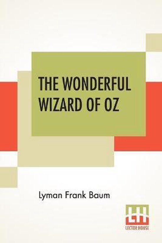 Het omslag van 'The Wonderful Wizard of Oz' door Lyman Frank Baum, met tekst in groen en beige vakken en rode strepen.
