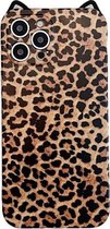 Cat Ear Leopard Print TPU Straight Edge-beschermhoes met lanyard voor iPhone 11 Pro Max (bruin)