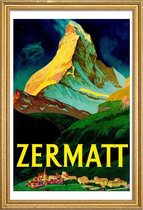 JUNIQE - Poster met houten lijst Vintage Zwitserland Zermatt -13x18