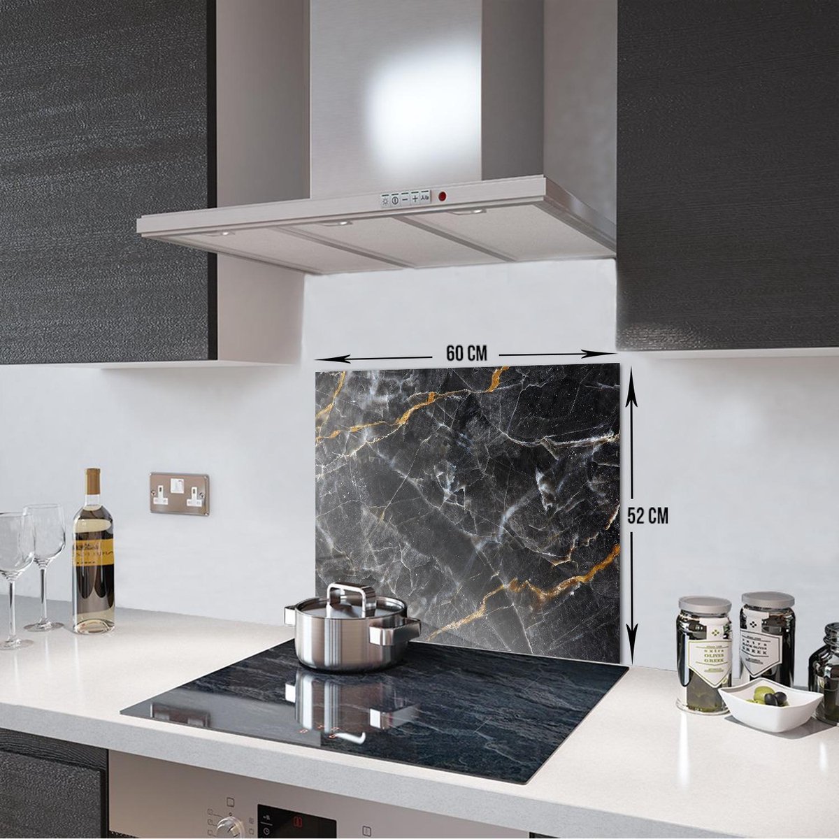 Zwart Marmer Met Bruine Strepen Tempered Glas Spatbescherming Voor Achter de Kookplaat 52cm x 60cm