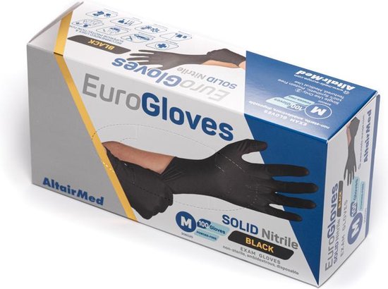 Eurogloves solid nitrile black maat M 100 st. Extra sterke zwarte nitril handschoen - EN 374 - EN 420 - EN 455 - Nitril - Black - handschoen - gloves