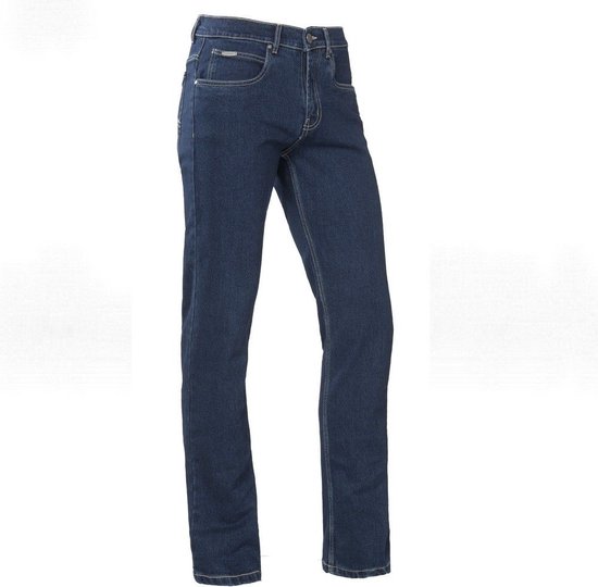 Donkerblauwe jeans met lichte stiksels, staand model.