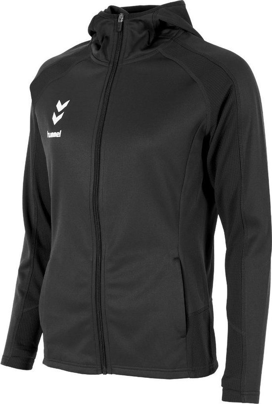 Zwarte dames hoodie van Hummel met witte logo opdruk op de borst, mesh op de schouders en rits.