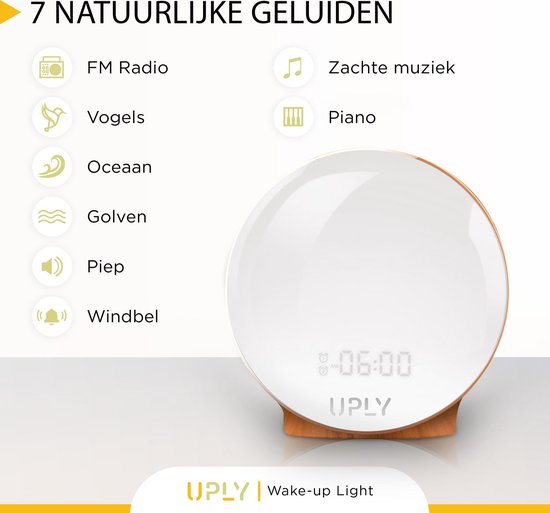 UPLY Wake Up Light - Met USB Oplaadpunt - Licht Wekker - Wekker Radio - 2 Wektijden - Digitale Wekker - 7 Kleuren
