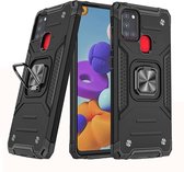 Samsung A21S Hoesje - Heavy Duty Armor hoesje Zwart - Galaxy A21s silicone TPU hybride hoesje Kickstand ringhouder met Magnetisch Auto Mount