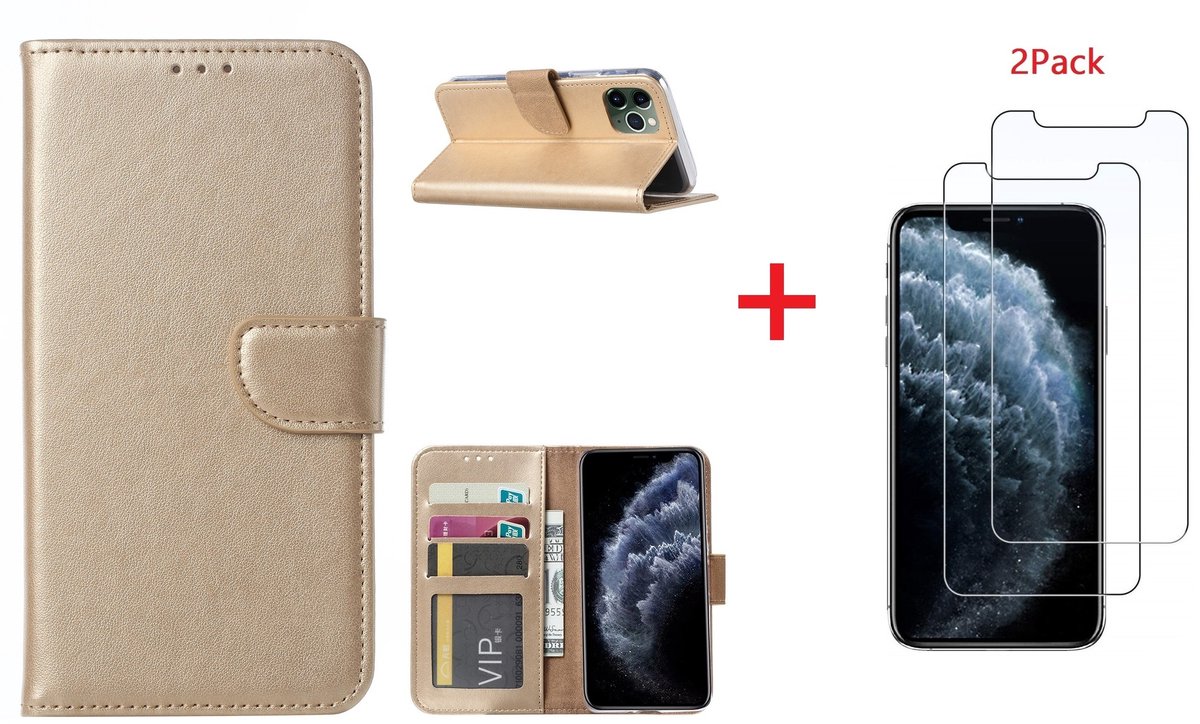 Hoesje Geschikt voor iPhone 11 Pro Max Portemonnee hoesje + 2X Screenprotector - Goud