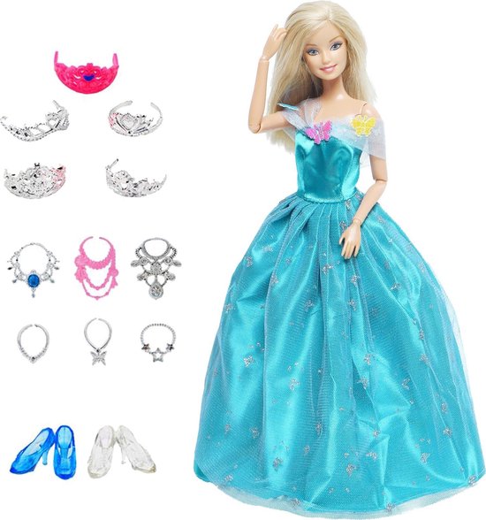 Klik Bekritiseren Extremisten Blauwe prinsessenjurk met accessoires voor barbiepop - Assepoester jurk,  kroon,... | bol.com