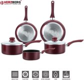 Herzberg - Set Lot 7-delige Pannenset inductie - Steencoating - Pannensets - Glazen deksel - Geschikt voor oven - PFAS-vrij - Bourgondië - HG-1020
