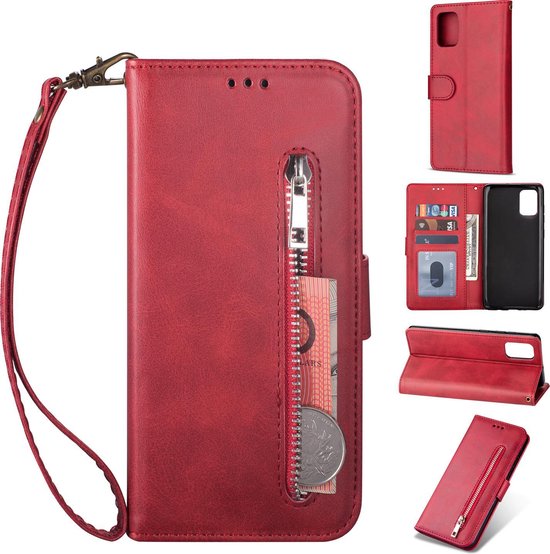 Étui de téléphone rouge en cuir avec fermeture éclair, porte-cartes, pochette à billets et dragonne. Multiples vues.