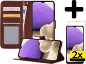Hoesje Geschikt voor Samsung A32 4G Hoesje Book Case Hoes Wallet Cover Met 2x Screenprotector - Hoes Geschikt voor Samsung Galaxy A32 4G Hoesje Bookcase Hoes - Bruin.