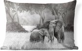 Buitenkussens - Tuin - Baby olifant met haar moeder in zwart-wit - 60x40 cm