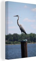 Grand héron bleu sur un poteau toile 2cm 120x180 cm - Tirage photo sur toile (Décoration murale salon / chambre) XXL / Groot format!