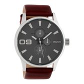 OOZOO Timepieces - Zilverkleurige horloge met donker bruine leren band - C10348