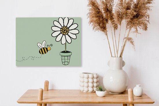 Une illustration d'une abeille volant vers une toile fleur blanche 40x30 cm - petit - Tirage photo sur toile (Décoration murale salon / chambre) / animaux sauvages Peintures sur toile