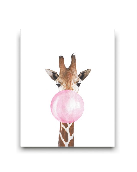 Schilderij  Giraf met Roze Kauwgom - Kinderkamer - Dieren Schilderij - Babykamer / Kinder Schilderij - Babyshower Cadeau - Muurdecoratie - 50x40cm - FramedCity