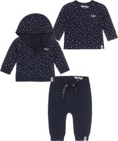 Dirkje Bio Basic SET(3delig) Blauwe broek, Vest en Shirt met dezelfde print - Maat 68