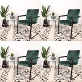 DS4U® eetkamerstoel Marc - stoel - industrieel - velours - velvet - fluweel - sledepoot - swinger - zwart metaal - met armleuning - groen - set van 4