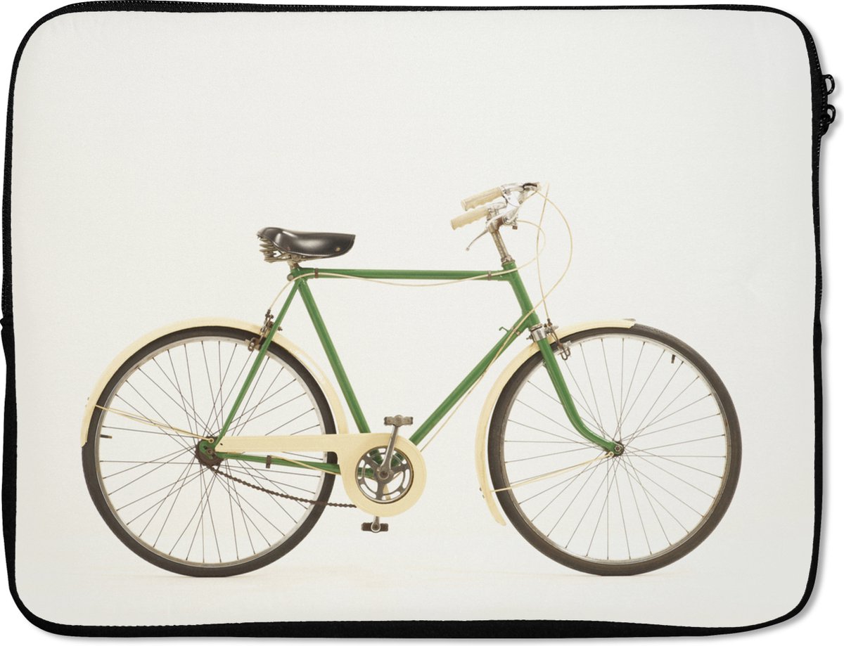 Laptophoes 15.6 inch - Een groene unieke fiets - Laptop sleeve - Binnenmaat 37x26 cm - Zwarte achterkant