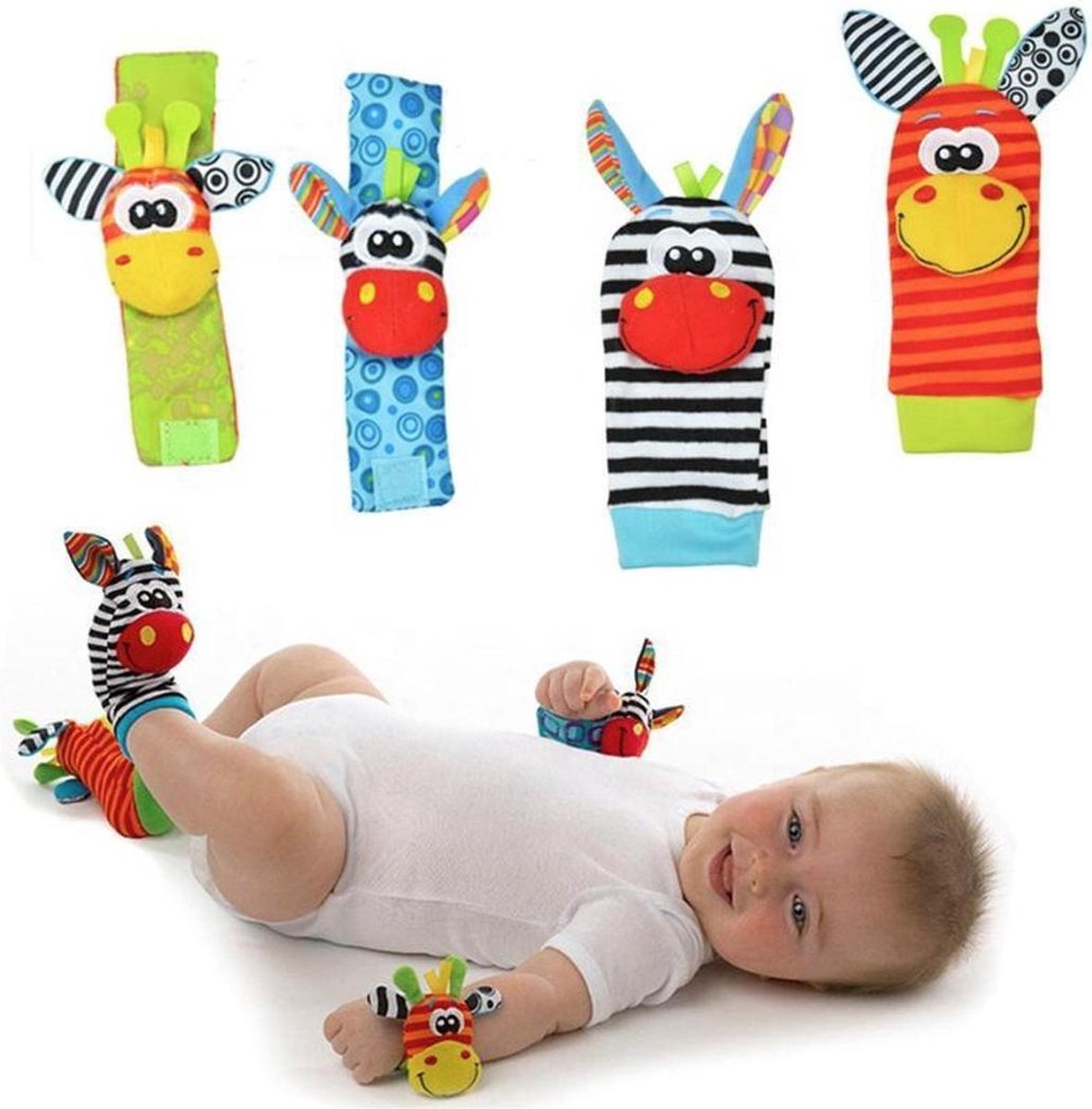 Jumalu Baby rammelaar set | Baby rammelaar sokken en rammelaar armbanden|4-delig rammelaar set | voor de allerkleinste |Pols- en Voetrammelaar set| 0 t/m 24 maanden — afbeelding 4