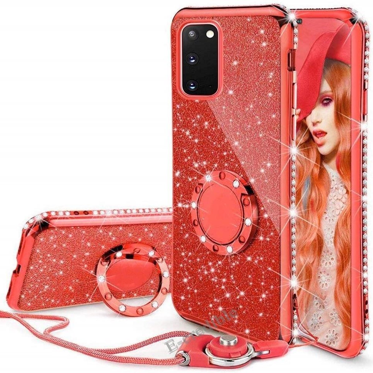 Samsung Galaxy A32 Back Cover Telefoonhoesje | Glitter | met Ring Houder | Rood | TPU Hoesje