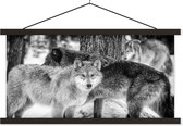 Posterhanger incl. Poster 120x60 cm - Schoolplaat - Groep wolven in zwart-wit - Textielposter - Zwarte latten