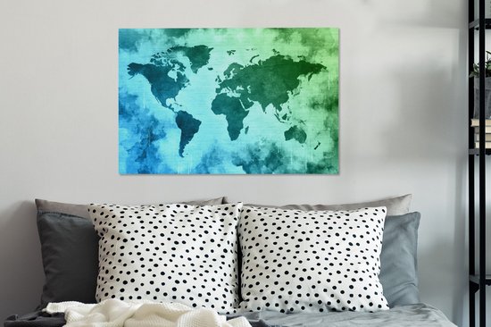 Wereldkaart avec peinture bleue qui passe au vert sur fond avec motif texturé 60x40 cm