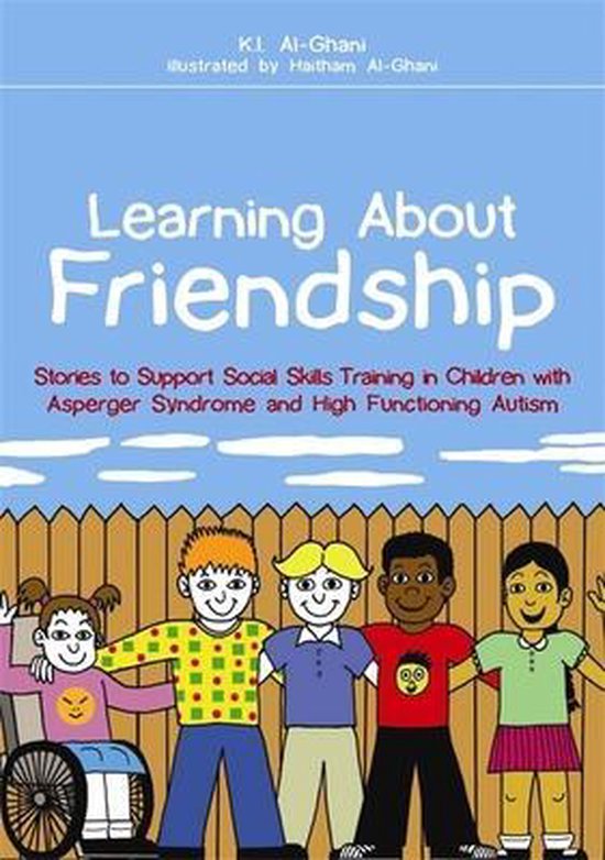 Couverture du livre 'Learning About Friendship' avec une illustration de cinq enfants et un fauteuil roulant. Ils se tiennent les bras autour des épaules.