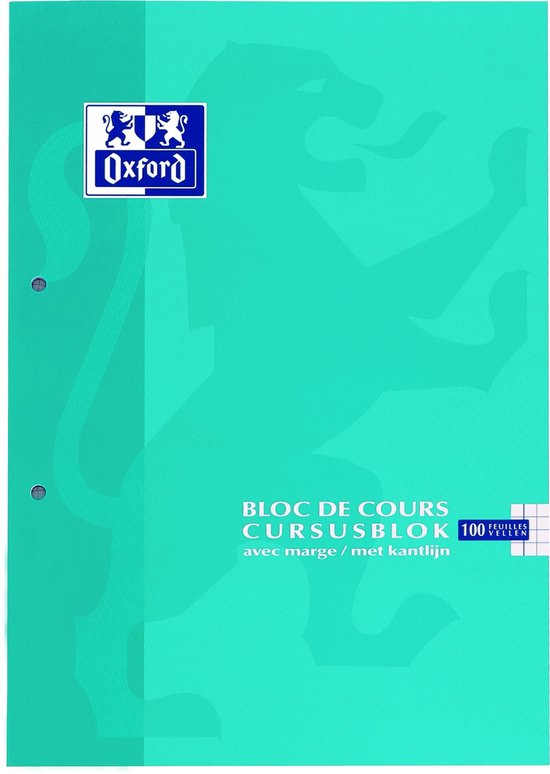 Groene A4 cursusblok met leeuwenopdruk, Oxford logo en 100 vel.