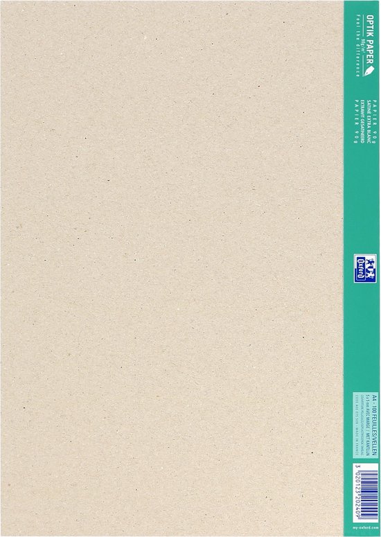 Lichtbruin A4 papieren pak met groene zijkant en Oxford logo.